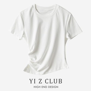 Yi Z CLUB 设计感捏褶显瘦收腰棉质弹力圆领短袖T恤春夏女装0.19