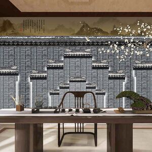 中式古典庭院风格茶室壁画布徽派古建筑马头墙青砖屋檐瓦装饰墙纸
