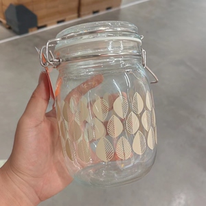 ikea宜家正品 考肯 附盖罐 浅绿色花图案密封食品玻璃罐子 1000ml