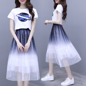 网纱连衣裙两件套装裙子女2022新款夏装初中高中学生韩版仙女长裙