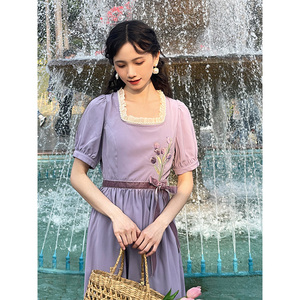 七与珍珠原创 《星云》夏季优雅方领紫色裙子复古郁金香连衣裙