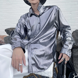 禁欲系轻奢丝光亮面绸缎垂感银色长袖衬衫男ins超火痞帅衬衣情侣