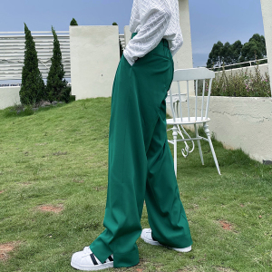 裤脚小开衩直筒阔腿长西裤男显瘦韩版垂感拖地裤百搭超火绿西装裤