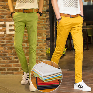 夏季薄款黄色男士休闲裤绿色韩版修身小脚显瘦纯棉弹力彩色长裤子