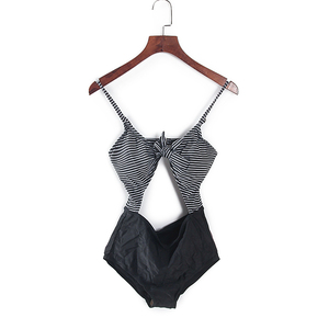 连体三点式游泳衣性感露背高腰遮肚显瘦黑色条纹比基尼带胸垫泳装