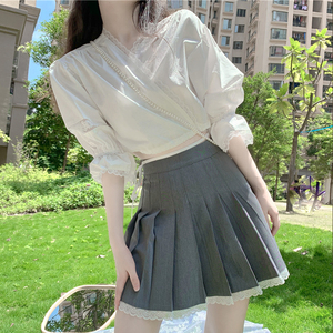 减龄蕾丝边高腰半身裙女夏季2020新款韩版洋气显瘦短裙网红百褶裙