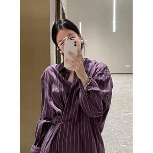 法式chic紫色条纹长袖衬衫女夏季2024新款设计感气质宽松百搭衬衣