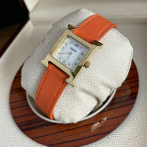 经典小H女表 数字贝壳钻石表盘 橙色平纹真皮表带秀气金色H手表
