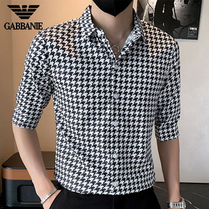 gabbanie品牌夏季千鸟格短袖衬衫男宽松薄款冰丝衬衣潮流痞帅上衣