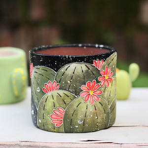 濑户烧立体线条仙人掌多肉植物花盆精工手绘直筒