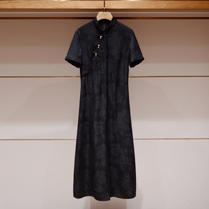 新中式连衣裙冬卓雅2024夏季新款中长款立领短袖提花黑色气质裙子