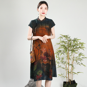 倍艺蒙正品立领夏季无袖香云纱连衣裙花萝大牌真丝女高端旗袍裙新