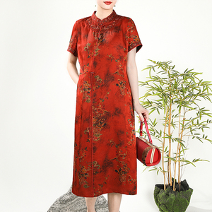 正宗桑蚕丝花萝香云纱连衣裙倍艺蒙大牌妈妈夏季气质高端短袖长裙