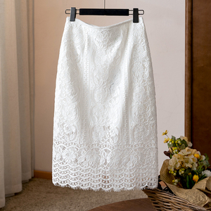 细腻柔软百搭白色蕾丝花型定位镂空开叉中长款半身裙包臀一步裙子