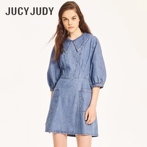 Jucy Judy 秋款女式翻领复古短裙中腰牛仔连衣裙少量JTOP621B-898