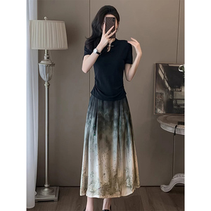新中式水墨画古风套装裙女2024夏季新款短袖T桖半身裙国风两件套
