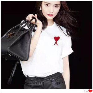 amit恤 新品杨幂陈伟霆明星同款红色大爱心桃心a刺绣宽松圆领短袖