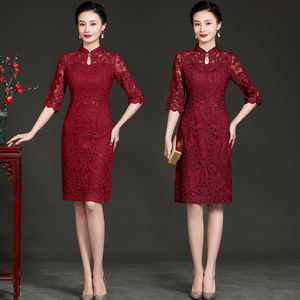 儿子结婚妈妈礼服小个子年轻喜婆婆婚宴装高端洋气蕾丝旗袍连衣裙