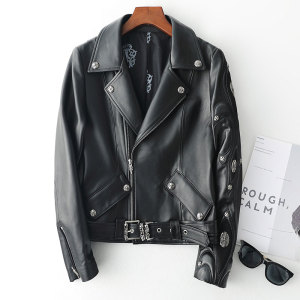 2021春新款真皮皮衣女短款绵羊皮修身欧美克罗心机车服皮夹克明星