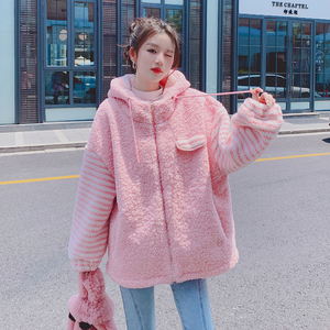 连帽粉色羊羔毛绒外套女冬装2022年新款韩版宽松加厚学生小个子潮
