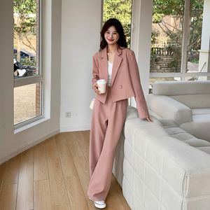 粉色小西装外套女套装2024春季新款韩版宽松小个子休闲西服两件套
