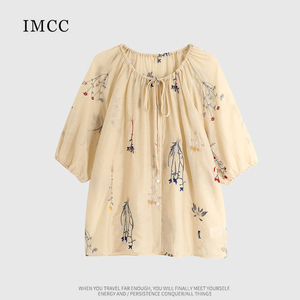 IMCC设计感小众天丝亚麻花卉绣花灯笼袖上衣女夏宽松显瘦百搭小衫