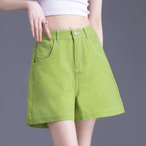 牛油果绿a字版牛仔短裤女夏季薄款2024新款高腰小个子宽松三分裤
