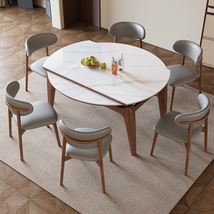 赛萝拉岩板可伸缩实木餐桌椅组合现代简约跳台两用经济型轻奢饭桌