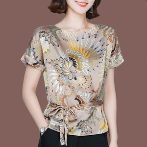 真丝上衣女短袖t恤桑蚕丝杭州丝绸女装妈妈夏装收腰高档洋气小衫