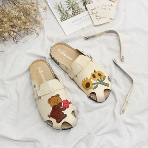日系夏季软木拖鞋可爱卡通小熊森女镂空包头平底凉鞋真皮软木海边