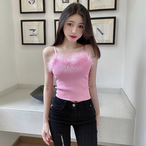 格格家 网红主播服装性感甜美女神针织毛毛小吊带抹胸短款上衣潮