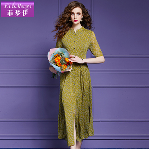 菲梦伊印花衬衫连衣裙女夏装新款法式复古温柔时尚显瘦系带长裙子