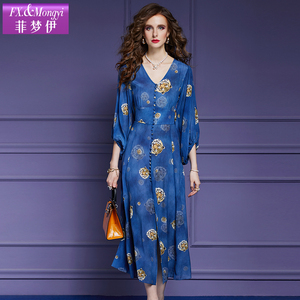菲梦伊双绉真丝印花连衣裙女夏季重磅高端大牌收腰桑蚕丝贵妇裙子