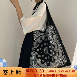 帆布包女单肩斜挎包包ins布袋学生民族风简约大容量小清新韩版黑