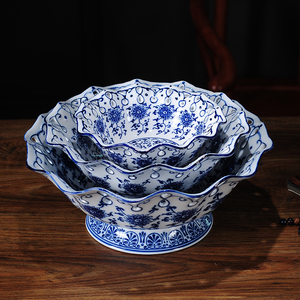 镂空手绘青花瓷陶瓷水果盘创意新中式装饰器皿茶几摆件大号工艺品