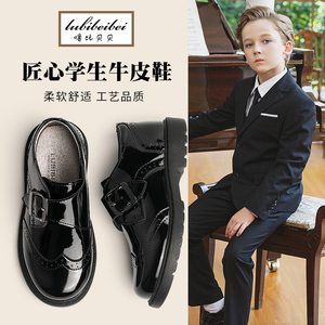 噜比贝贝男童皮鞋黑色软底新款英伦真皮学生演出鞋男孩儿童表演鞋