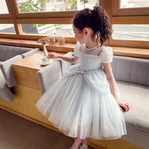 女童蓝色连衣裙夏季儿童洋气网纱公主裙女宝宝夏天泡泡袖礼服裙子