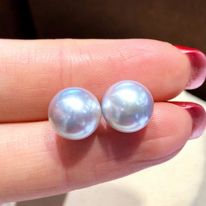 8-9mm真多麻珍珠耳钉银灰蓝色日本akoya海水18k金正圆简约耳饰女