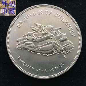 英属根西岛1977年女王登基25周年25便士纪念克朗币根西岛全貌硬币