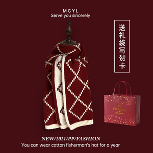 日本新年红色围巾圣诞麋鹿冬季保暖情人节礼物针织毛线兔年围脖女