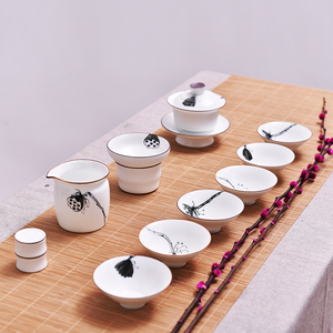 白瓷功夫茶具套装景德镇手绘陶瓷盖碗茶杯家用6人整套茶具礼盒装