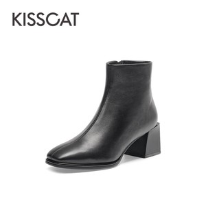 KISS CAT接吻猫断码特价清仓短靴时尚舒适粗高跟时装靴KA32513-10