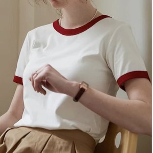 2023春夏款设计感红边拼色领口袖圈宽松纯色休闲白色短袖T恤女