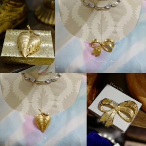 vintage avon雅芳打标经典珍珠金色树叶香膏蝴蝶结胸针带原盒首饰