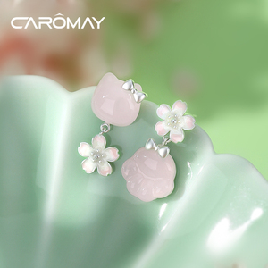 CAROMAY春日樱花系列猫咪猫爪耳环小众不对称花朵耳钉可爱耳饰女