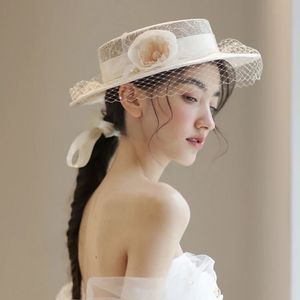 赫本风花朵礼帽女复古优雅网纱摄影写真新娘法式平顶婚纱帽子拍照