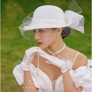 新款法式唯美旅拍新娘帽饰头饰白色礼帽摄影造型外景跟妆网纱帽子