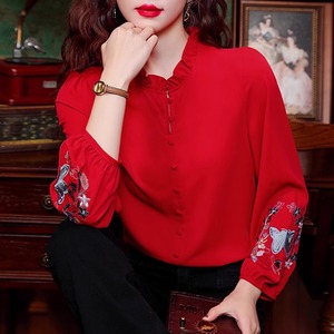 新中式国风木耳领刺绣红色衬衫女2024新款春装高级感上衣唐装汉服