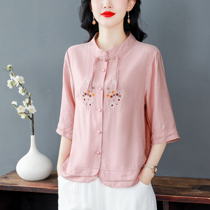 新中式刺绣棉麻衬衫女夏季新款高端国风盘扣亚麻上衣妈妈半袖小衫
