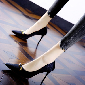 香港金属链细跟高根鞋女2022春秋新款ol职场尖头女鞋黑色浅口单鞋